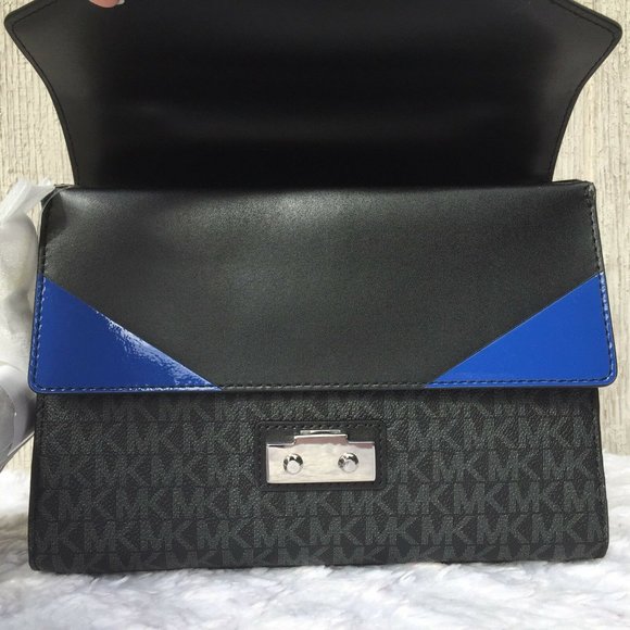 NEW Authentic Michael Kors Sloan Medium Double Flap Leather Satchel Black Blue - Picture 8 of 12